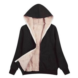 Fleece Lined Hooded Knit Jacket  Black Long Sleeve Active Coat L